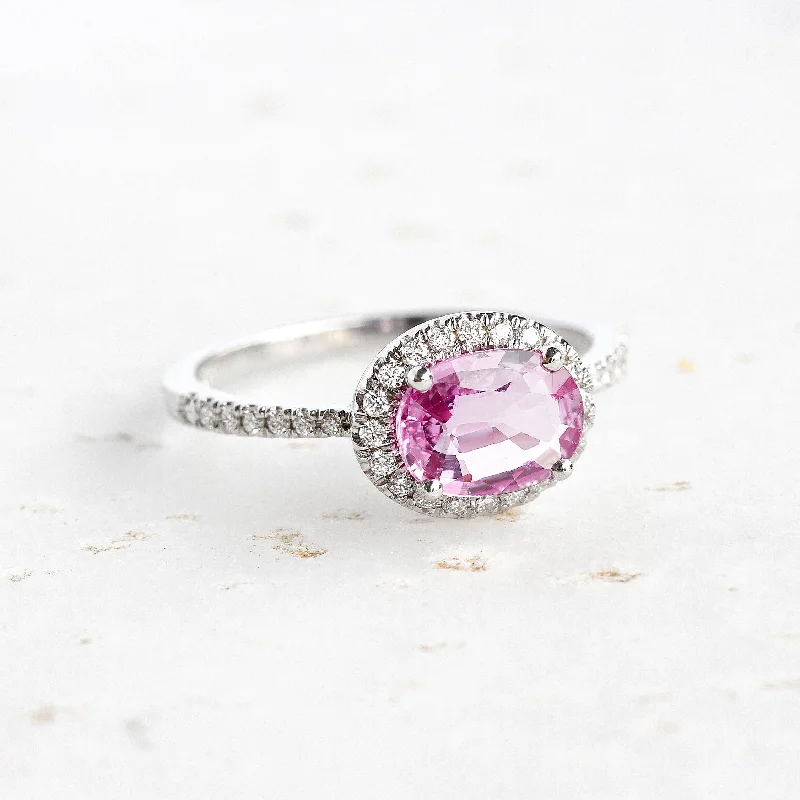 Trendy gemstone rings in modern minimalist styles are popular-Pink Sapphire & Diamond Halo, East West engagement ring - Ivy ♥