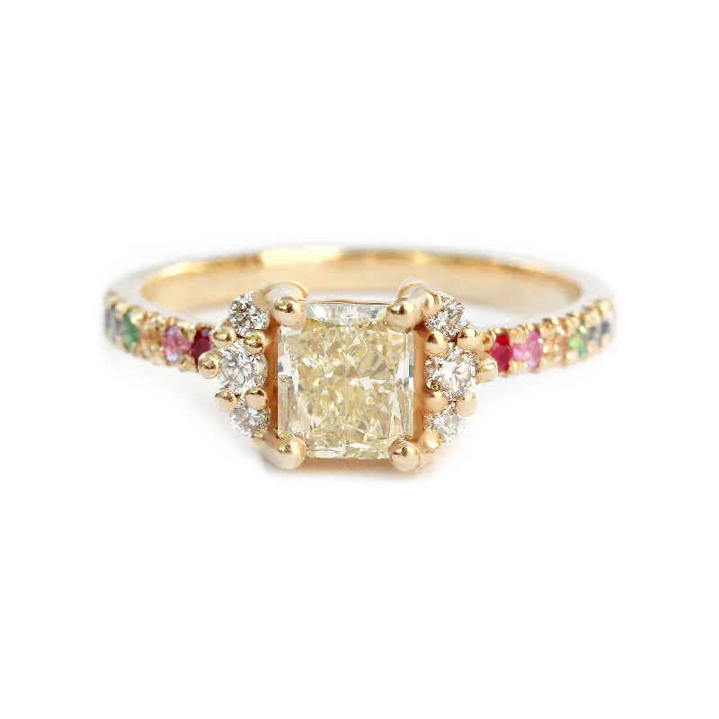 Trendy gemstone rings in modern minimalist styles are popular-Princess yellow diamond rainbow engagement ring, Parvati ♥