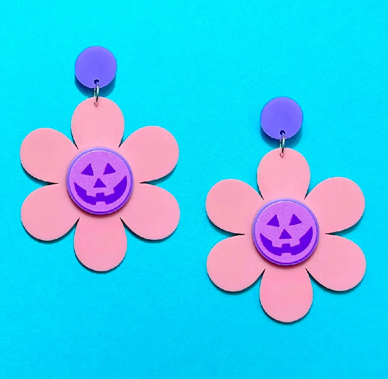 Simple drop earrings for everyday wear with classic and minimalist designs -Pastel Jack-O-Lantern Pumpkin Flower Drop Earrings