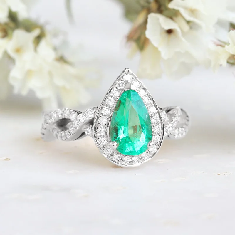 Luxury gemstone rings with diamond halos cost a fortune-Pear Emerald Halo Engagement Ring Infinity Twist Rope Band ♥