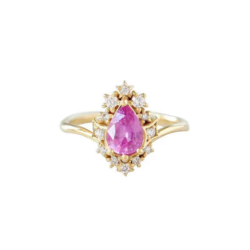 They ordered custom gemstone rings designed for special occasions-Pear Pink Sapphire Celestial Diamond Halo Ring