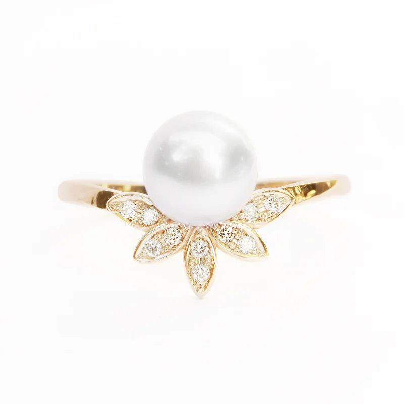 Unique gemstone rings crafted by local artisans sold fast-Pearl and Diamond Leaves Ring, Unique Multistone diamond ring