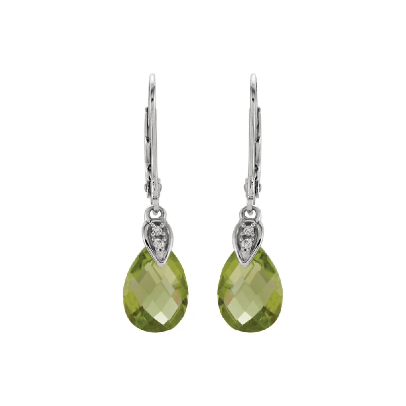 Peridot Briolette & Diamond Lever Back Earrings in 14k White Gold