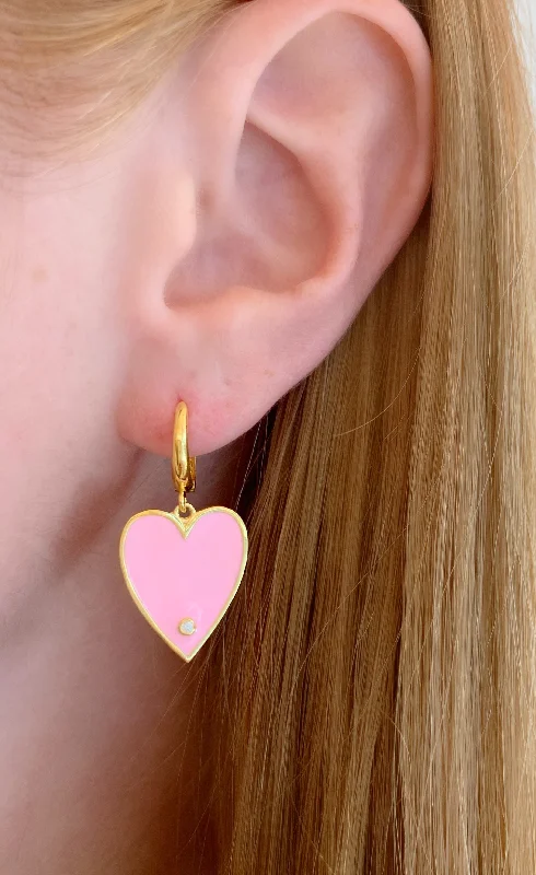 Drop earrings featuring a moon and star design for a celestial-inspired look -Pink Big Enamel Heart Earrings