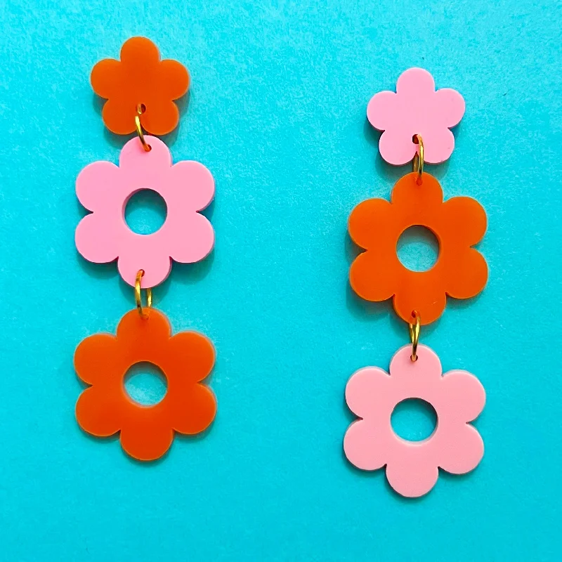 Drop earrings with modern abstract shapes and unconventional designs for fashion-forward wearers -Pink & Orange Flower Tiered Drop Earrings