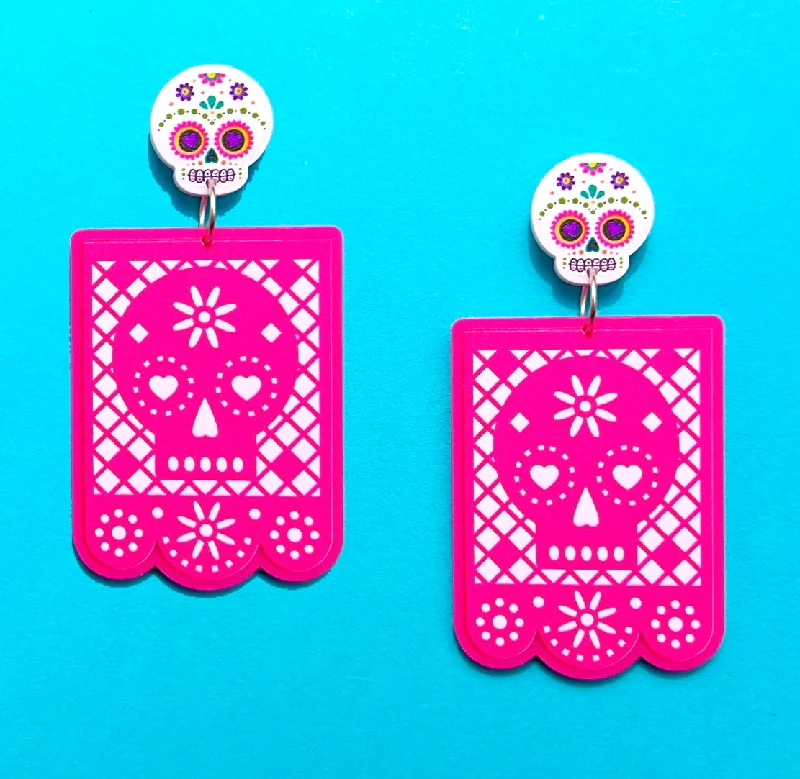 Drop earrings featuring leaf designs for nature-inspired jewelry and organic aesthetics -Pink Papel Picado Sugar Skull Drop Earrings