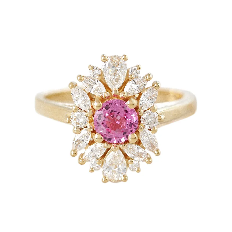 Colorful gemstone rings with vibrant opals shimmered in light-Pink sapphire unique diamond cluster halo engagement ring, Odisea