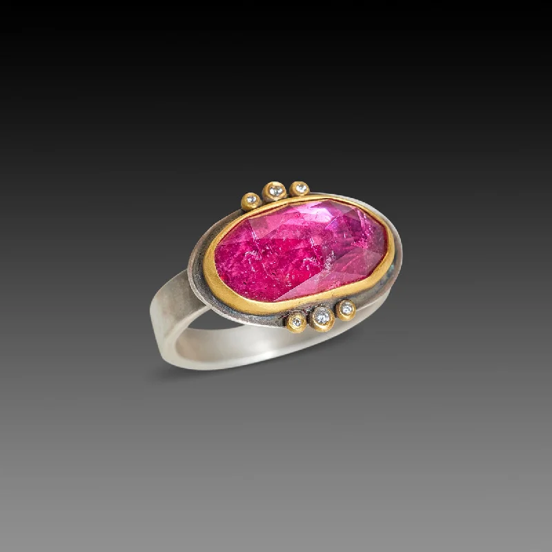 Designer gemstone rings showcased at jewelry expos impressed all-Pink Tourmaline Ring with Diamond Trios