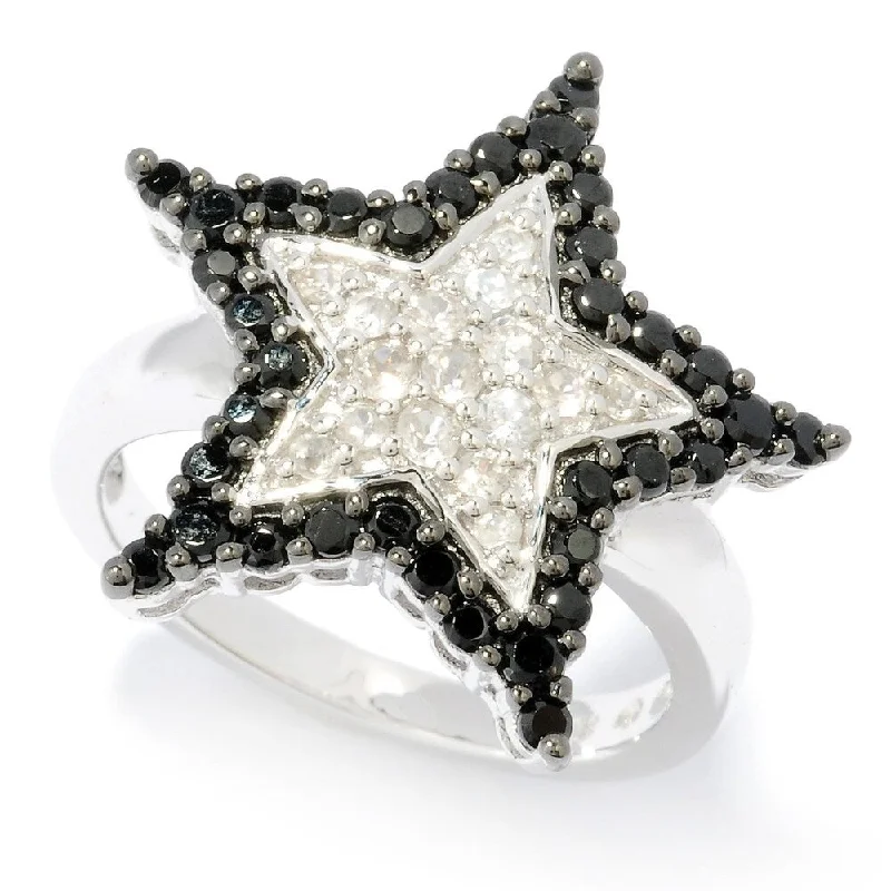 Delicate gemstone rings perfect for stacking adorned her fingers-Platinum O/ Silver 1.12Ctw White Natural Zircon & Black Spinel Star Ring Size - 6