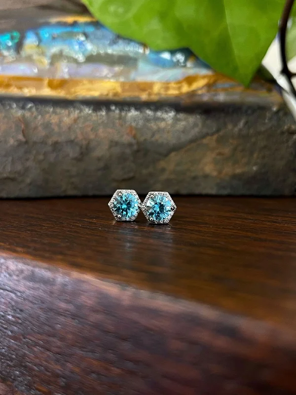 Blue Zircon Hexagon Studs