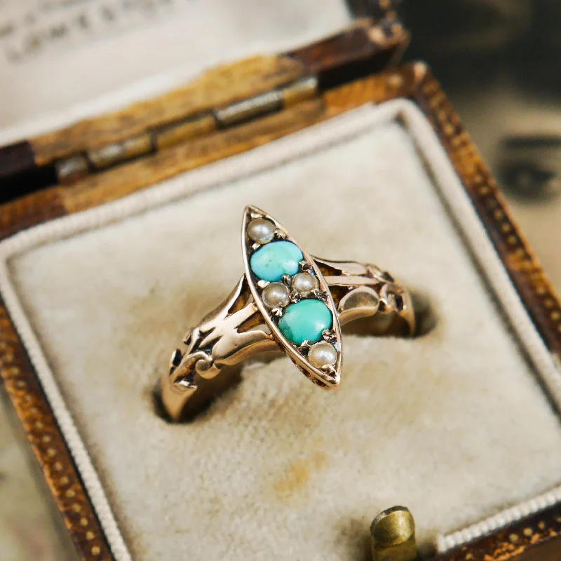 Her elegant gemstone rings featuring sparkling rubies turned heads-Poetic Art Nouveau Turquoise & Seed Pearl Ring