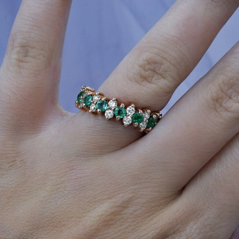 Bohemian gemstone rings with raw crystals matched her vibe-Prestige 4.00 CT Round Cut Diamond and Green Emerald Eternity Ring in 14KT Rose Gold