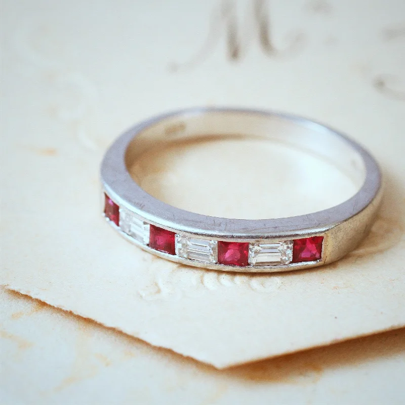 The vintage gemstone rings with rare emeralds gleamed brightly-Pristine Ruby and Emerald Cut Diamond Band