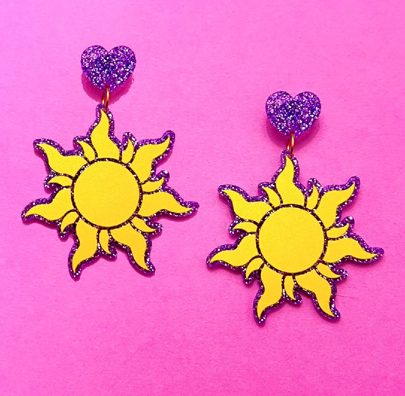 Drop earrings with intricate lace detailing for a vintage-inspired and feminine style -Purple Glitter Tangled Sun Acrylic Drop Earrings