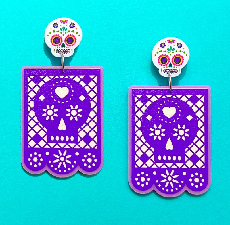 Drop earrings with colorful beads and threads for a bohemian and artistic style -Purple Papel Picado Sugar Skull Drop Earrings