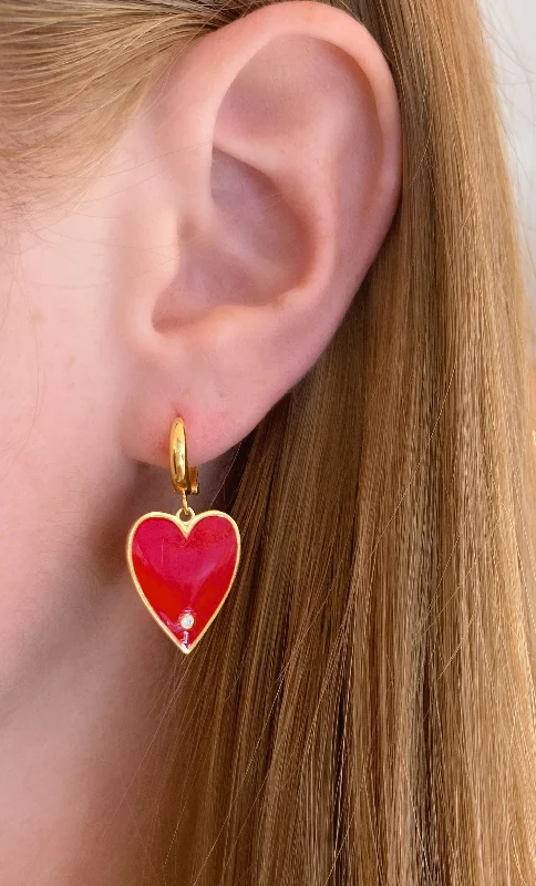 Statement drop earrings with feather details to add a boho-chic vibe -Red Big Enamel Heart Earrings