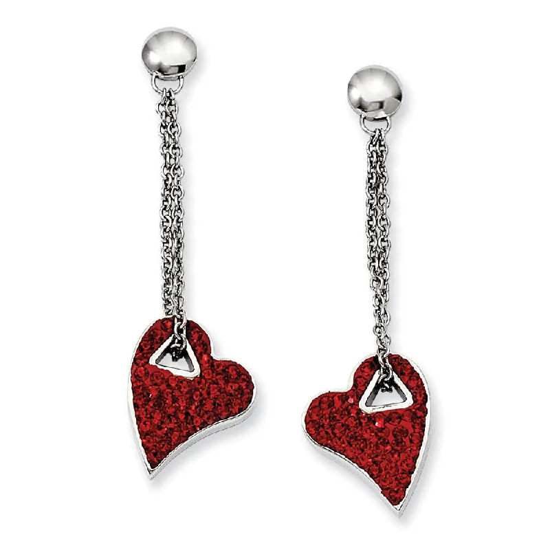 Red Crystal Heart Post Dangle Earrings in Stainless Steel