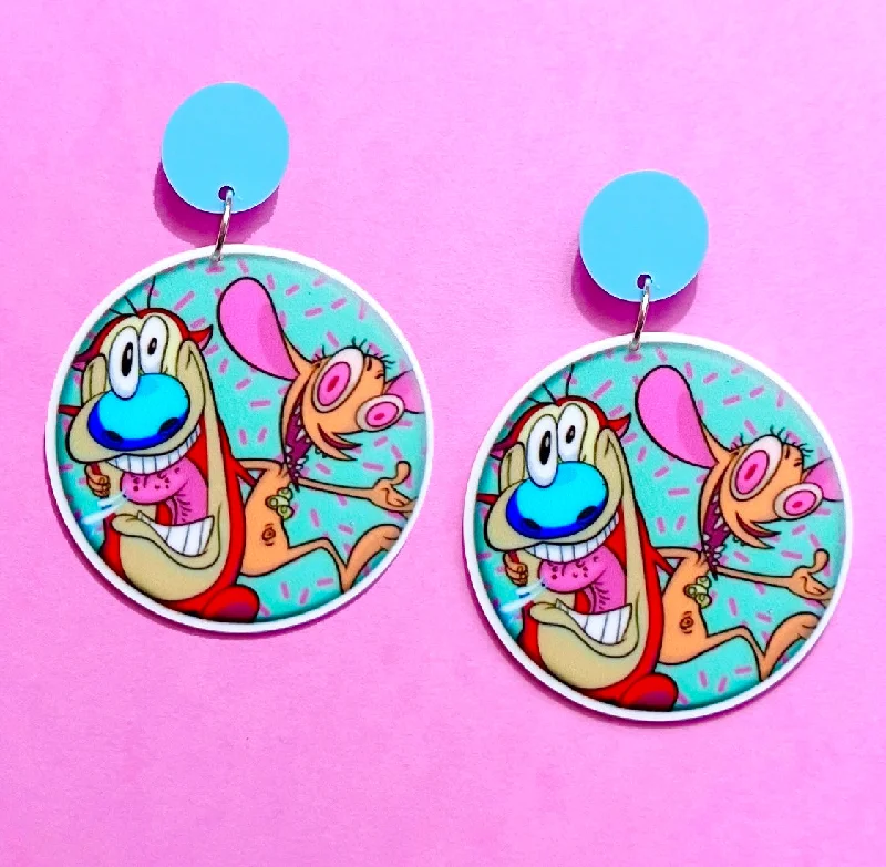 Designer drop earrings featuring modern artistry and unique materials for collectors -Ren & Stimpy Acrylic Drop Earrings