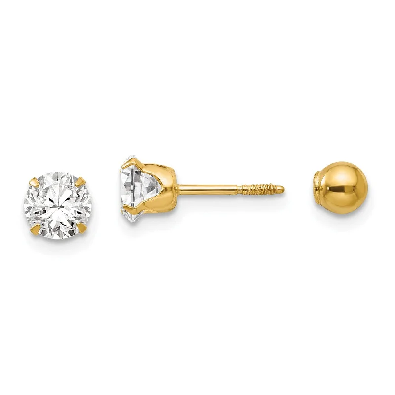 Reversible 5mm Crystal and Ball Screw Back Earrings in 14k Yellow Gold