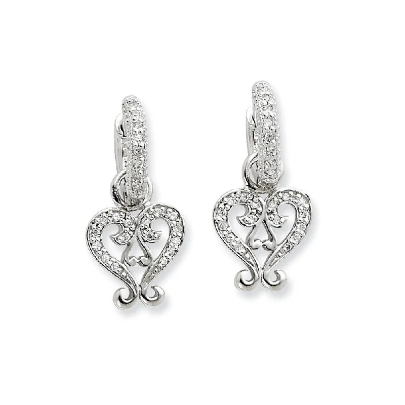 Rhodium Sterling Silver & CZ Heart, Hinged Hoop Earrings, 12 x 25mm