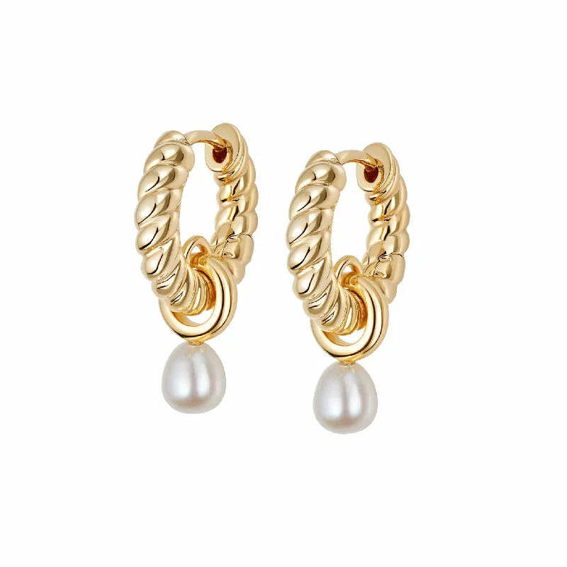 Trendy drop earrings featuring a tassel design for a boho-chic and fashionable style -Rope Pearl Huggie Earrings 18ct Gold Plate