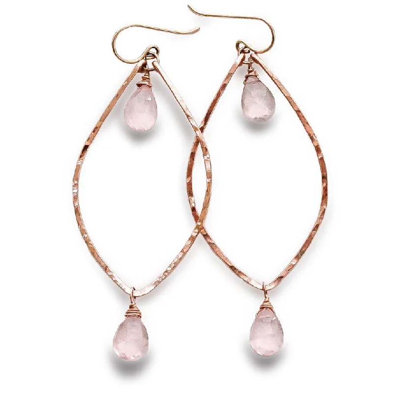 Rose Gold Leaf Gemstone Earrings - Rose Quartz