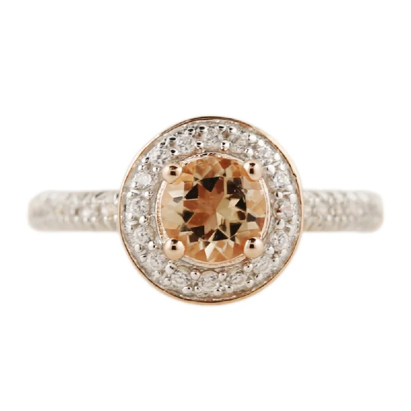 Bold statement gemstone rings for fashion lovers stood out-Rose-gold plated Silver Morganite and Natural White Zircon Halo Ring