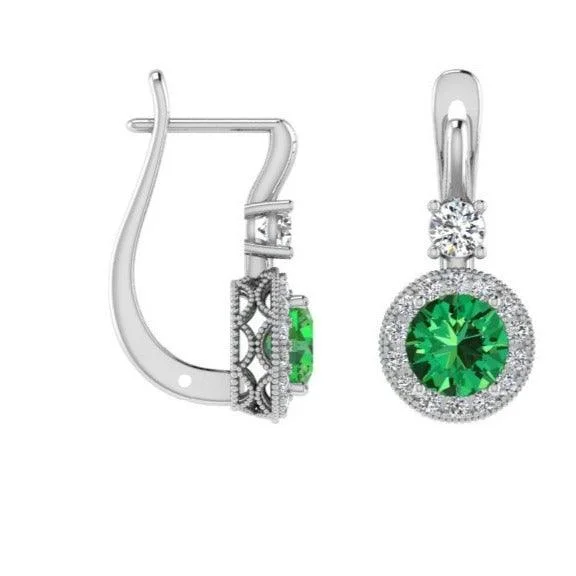 Round Emerald Drop Earrings with Diamond Halo