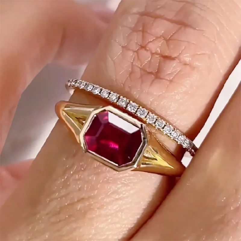 Delicate gemstone rings perfect for stacking adorned her fingers-Ruby Emerald Cut East West Bezel Set Solitaire Modern Engagement Ring