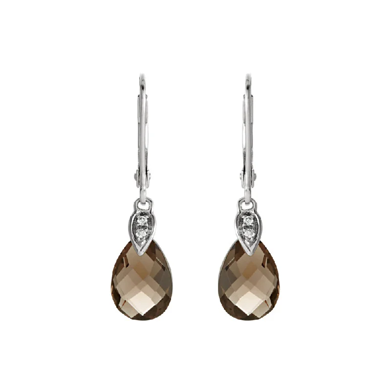 Smoky Quartz Briolette & Diamond Lever Back Earrings in 14k White Gold