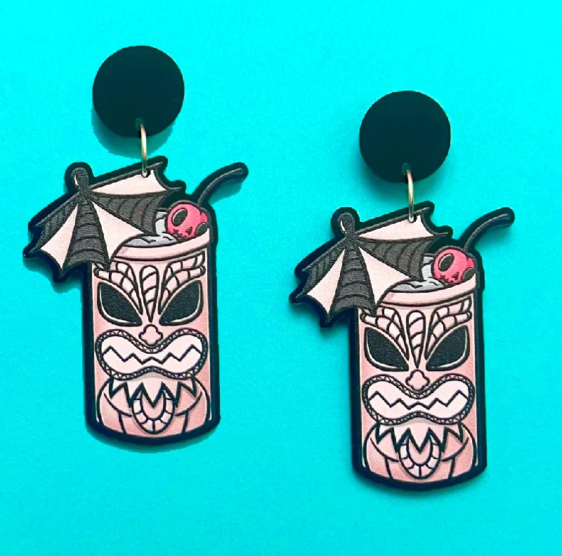 Drop earrings with square gemstone settings for a modern and structured aesthetic -Spooky Tiki Cocktail Acrylic Drop Earrings