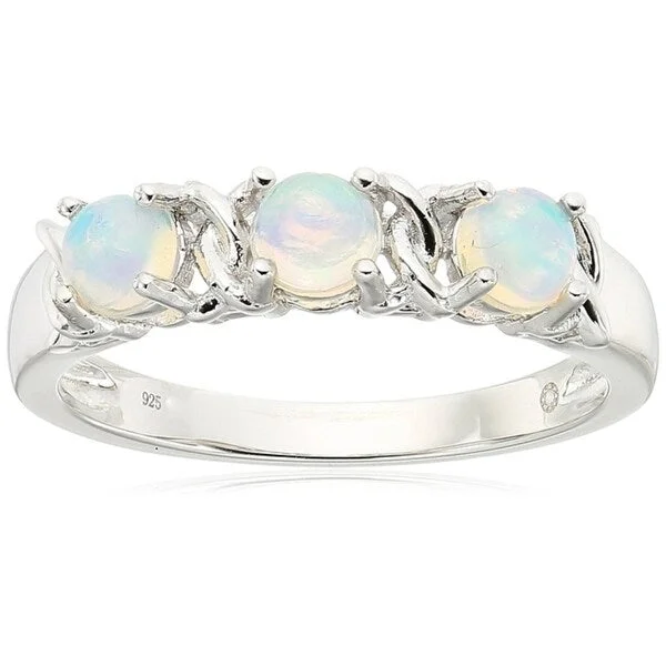 They ordered custom gemstone rings designed for special occasions-SS Ethiopian Opal & Accented 3-stone Band Stackable Ring, Size 7 - White