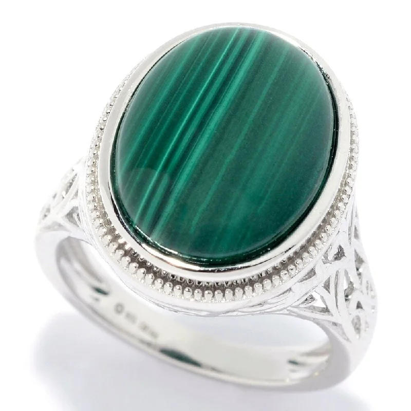 The vintage gemstone rings with rare emeralds gleamed brightly-Sterling Silver 16 x 12mm Oval Malachite Scrollwork Ring