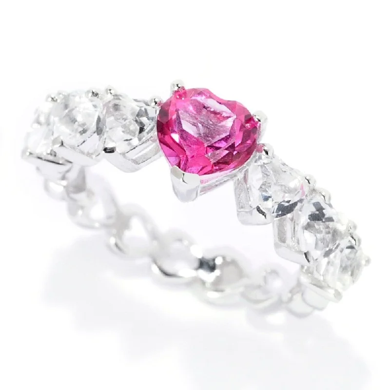 Delicate gemstone rings perfect for stacking adorned her fingers-Sterling Silver 2.40ctw Bahaman Pink & White Topaz Heart Band Ring