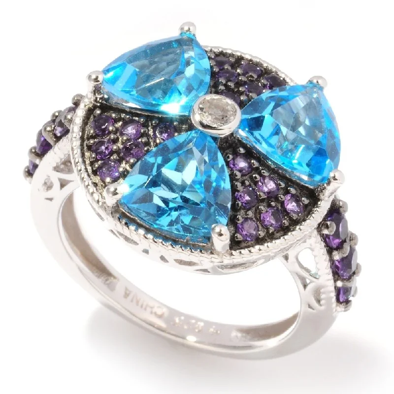 Bohemian gemstone rings with raw crystals matched her vibe-Sterling Silver 4.62Ctw Swiss Blue Topaz, African Amethyst Cluster Ring