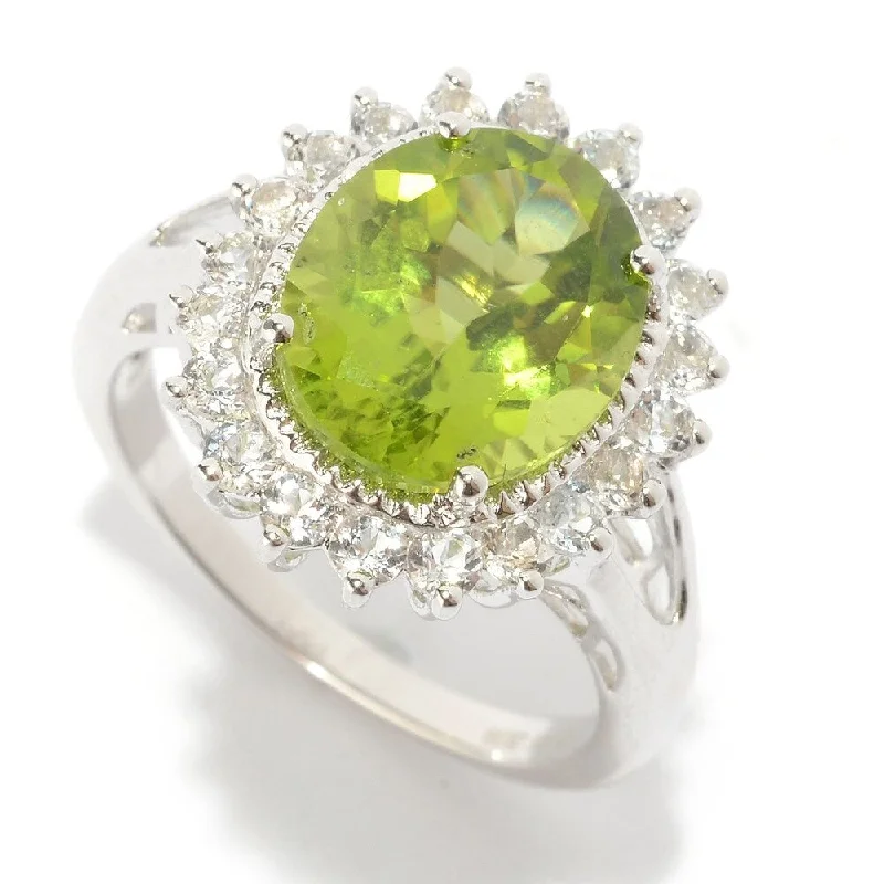 Trendy gemstone rings in modern minimalist styles are popular-Sterling Silver 4.94ctw Peridot & White Topaz Halo Ring