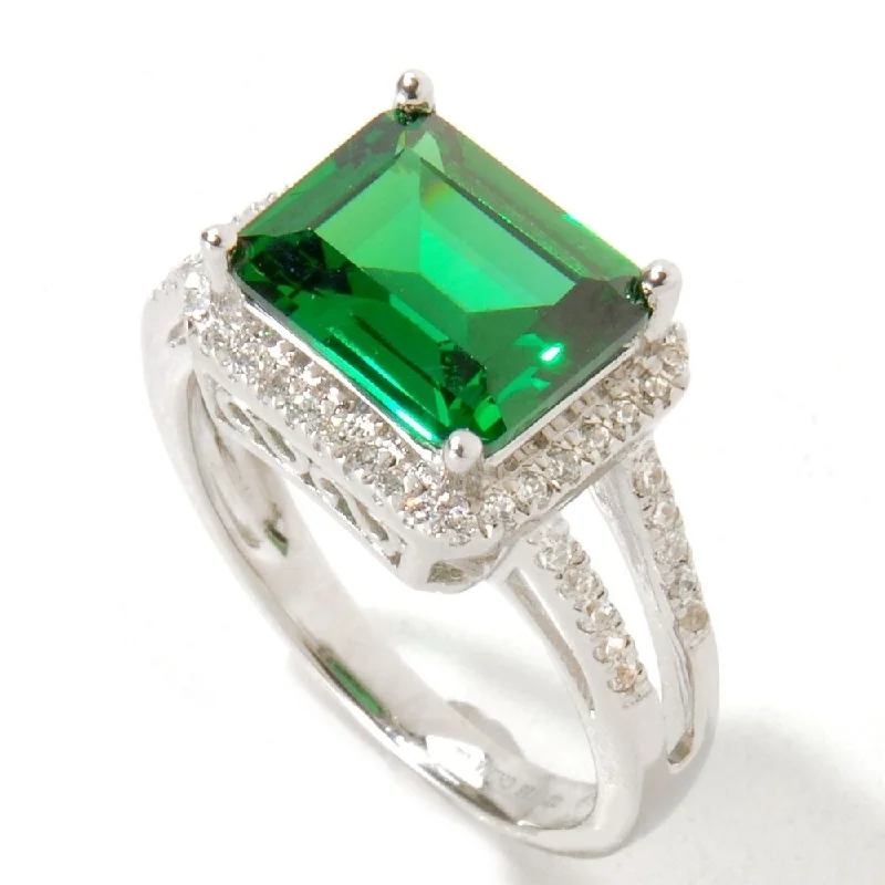 Bold statement gemstone rings for fashion lovers stood out-Sterling Silver 5.77Ctw Green Emerald Color Cz Solitaire W/ Accent Ring