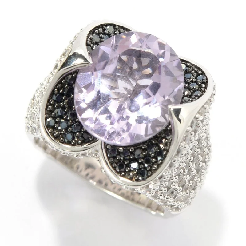 He found affordable gemstone rings for everyday wear online-Sterling Silver 9.31ct Pink Amethyst White Zircon and Black Spinel Ring