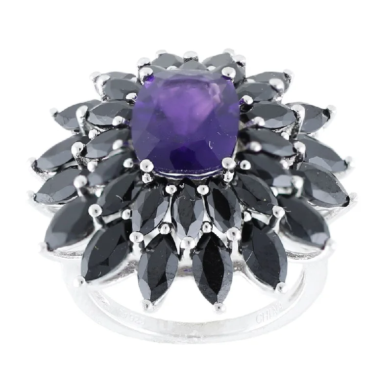 Affordable gemstone rings under fifty dollars surprised her greatly-Sterling Silver Amethyst and Black Spinel Flower Ring