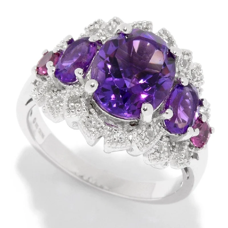 Affordable gemstone rings under fifty dollars surprised her greatly-Sterling Silver Amethyst & White Topaz Fancy Halo Ring