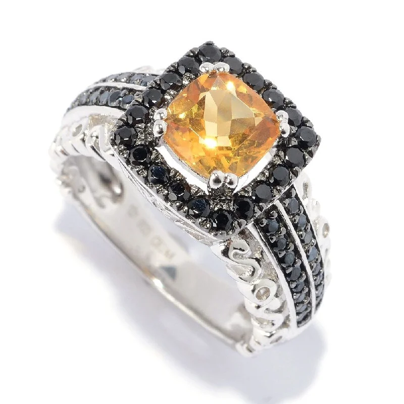 Colorful gemstone rings with vibrant opals shimmered in light-Sterling Silver Citrine and Black Spinel Halo Ring