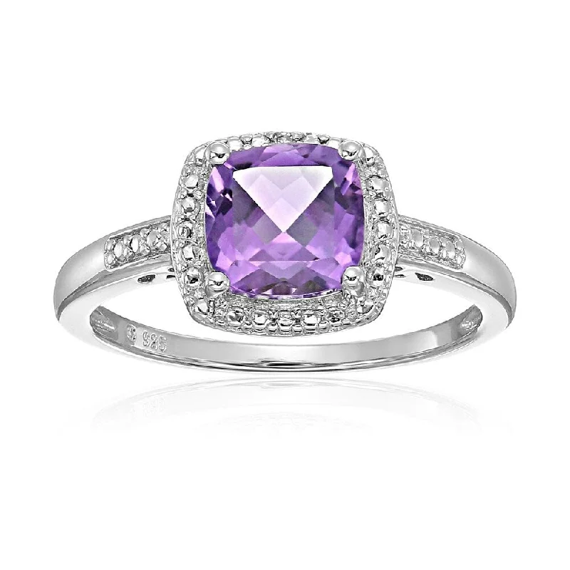 Unique gemstone rings crafted by local artisans sold fast-Sterling Silver Cushion Amethyst and Diamond Ring