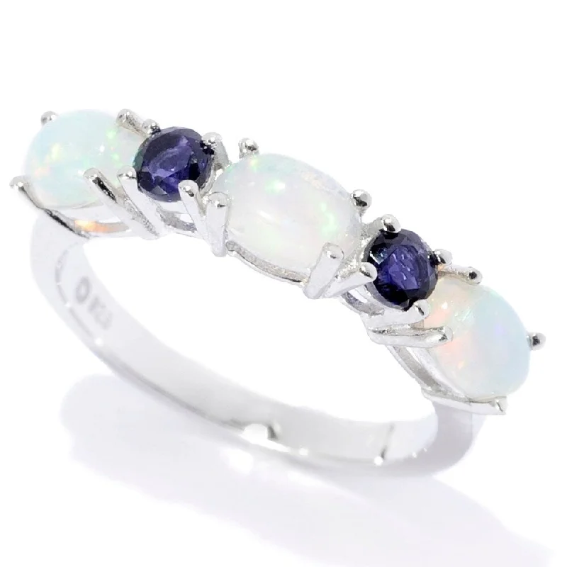 She adored her handcrafted gemstone rings with natural turquoise-Sterling Silver Ethiopian Opal & Iolite 5-Stone Band Ring