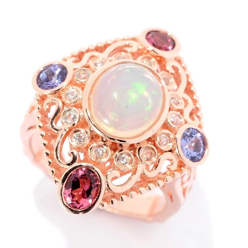 Classic gemstone rings in timeless gold bands never fade-Sterling Silver Ethiopian Opal & Pink Tourmaline Flower Ring