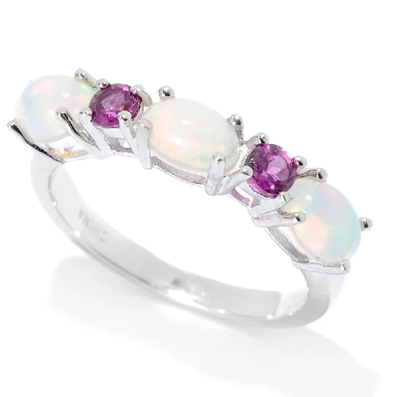 Heirloom gemstone rings passed down through generations held memories-Sterling Silver Ethiopian Opal & Rhodolite Garnet 5-Stone Band Ring