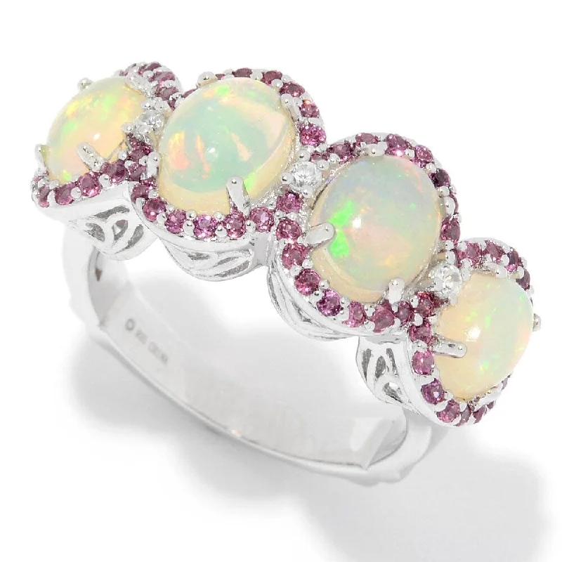 Bohemian gemstone rings with raw crystals matched her vibe-Sterling Silver Ethiopian Opal, Rhodolite & White Zircon Halo Ring