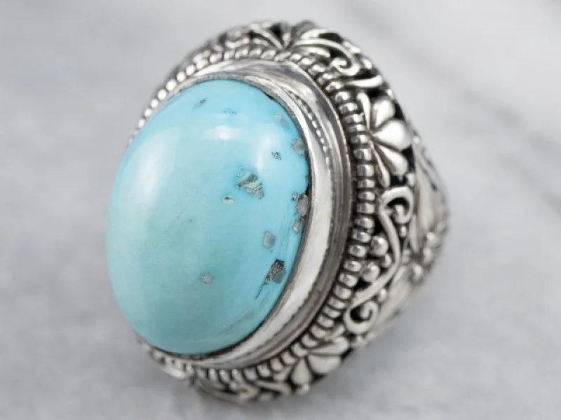 Unique gemstone rings crafted by local artisans sold fast-Sterling Silver Floral Turquoise Statement Ring