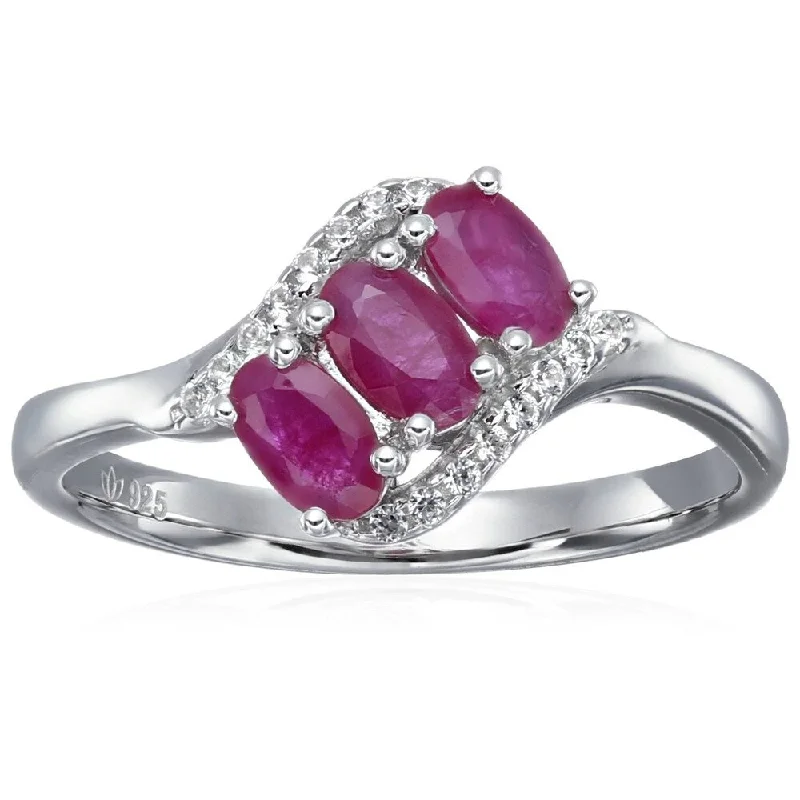 Trendy gemstone rings in modern minimalist styles are popular-Sterling Silver Genuine Ruby & Created White Sapphire 3-stonet Ring, Size 7 - Red