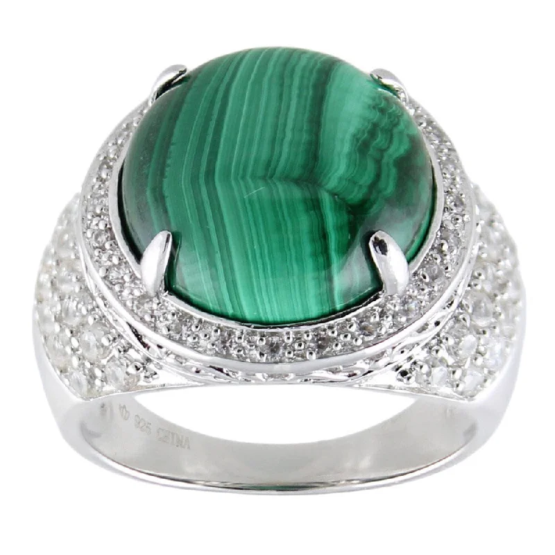 The vintage gemstone rings with rare emeralds gleamed brightly-Sterling Silver Green Malachite and White Zircon Halo Ring