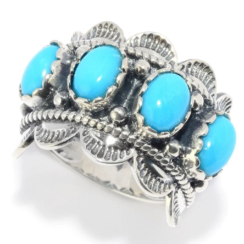 She adored her handcrafted gemstone rings with natural turquoise-Sterling Silver Kingman Turquoise Scalloped Edge Band Ring